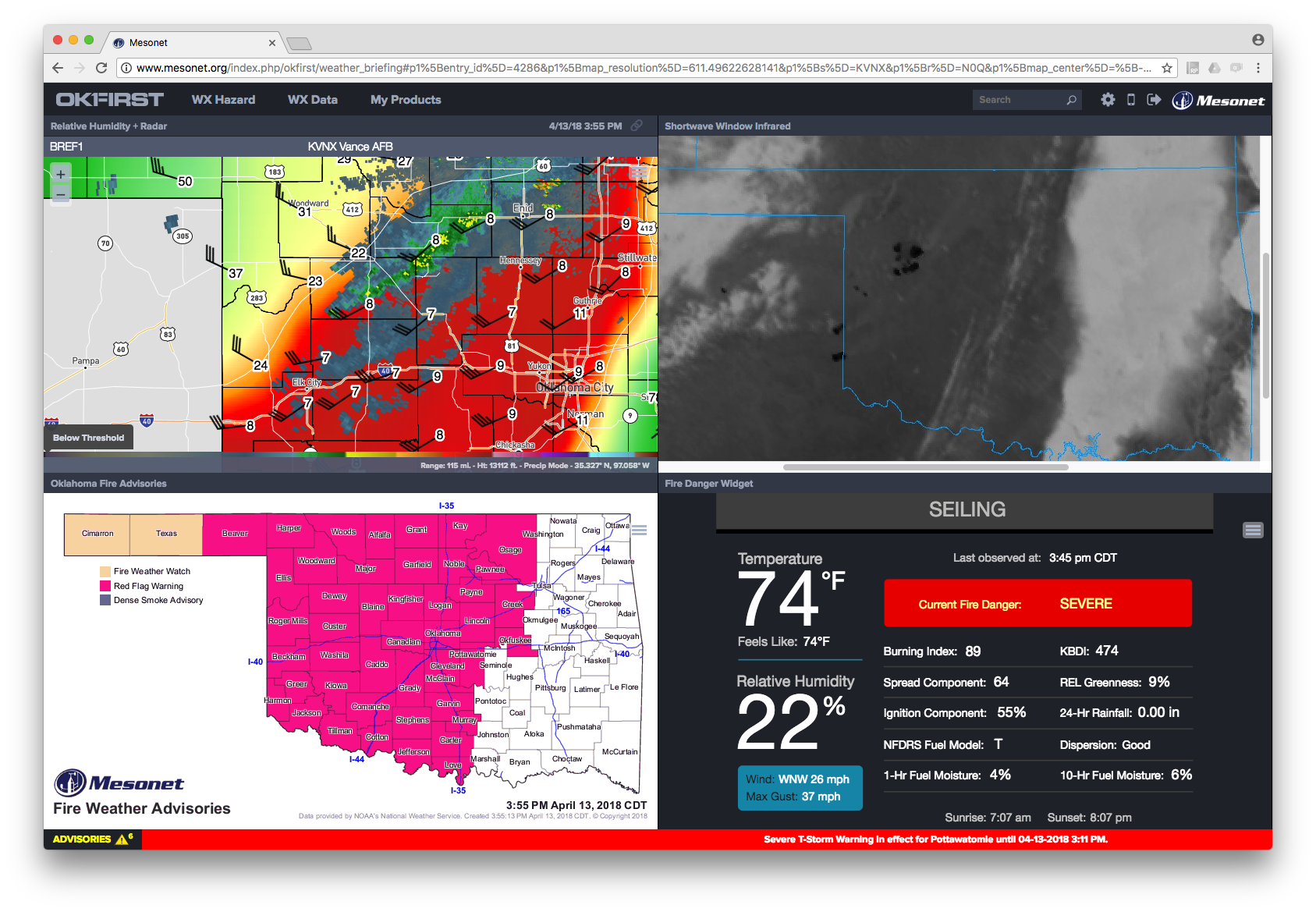 OK-First Weather Briefing page displaying critical maps during a fire weather day including relative humidity with wind, infrared satellite, fire weather advisories, and the fire danger widget.
